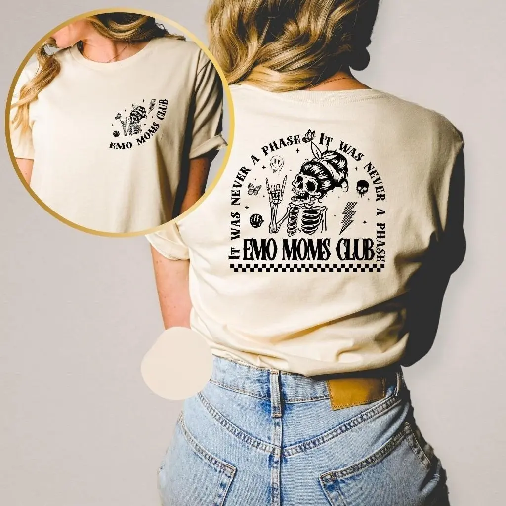 Emo Moms Club T-Shirt – It Was Never a Phase 2-Sided Skeleton Graphic Tee  – Funny Retro Design for Alt Moms & Pop Punk Style Lovers, Emo Mama Shirt, Mom Life Tee