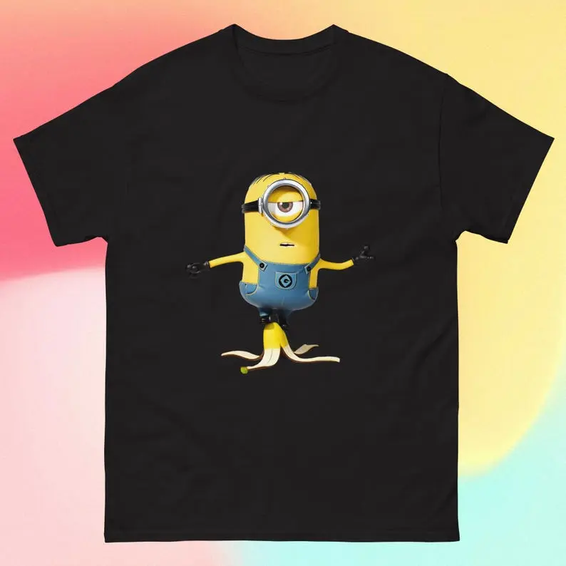 Mion Yellow Buddy Standing on a Banana Unisex Classic Tee, Funny Cartoon Inspired Graphic Shirt #GraphicTee #CuteStyle #FunnyWear #Unisex