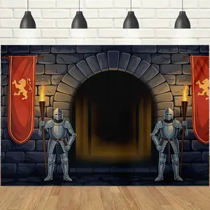 1pc 2D Medieval Castle Knight Theme Banner, Stone Arch & Armored Knights with Lion Banner, Mysterious Grand & Retro Epic Vibe, Perfect for Castle Themed Parties, Knight Role-Play & Retro Events Decor Backdrop