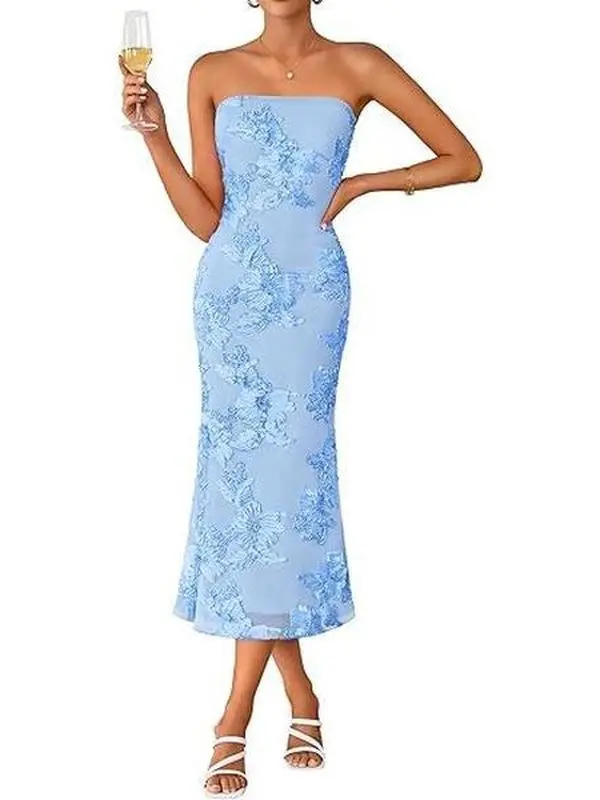 Women's 2026 Strapless 3D Embroidered Mesh Polyester Bodycon Midi Dress - Army Color, Zipper Detail, Elegant for Wedding Guest, Prom, Beach Events Formal Womenswear