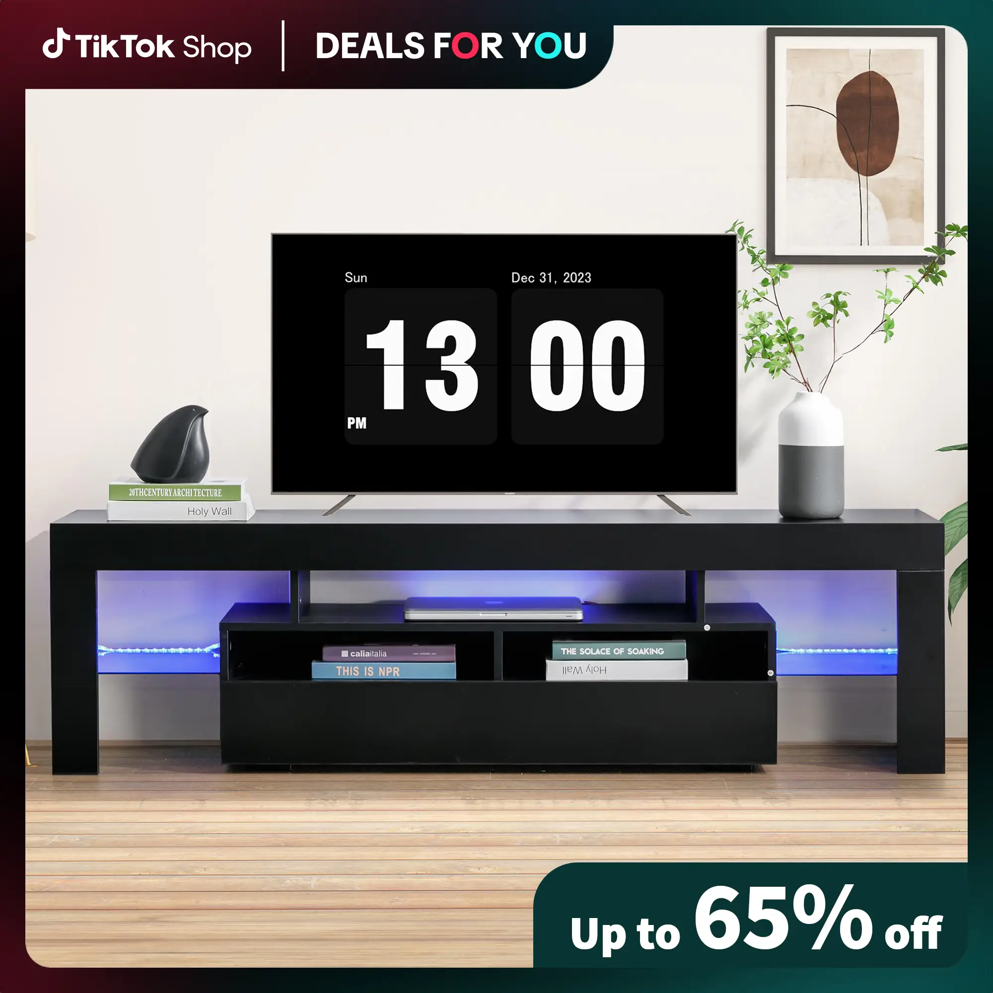 [Dealsforyoudays]EBELLO Upgraded Black TV Stand for 70 Inch TV with Adjustable Glass Shelves, Enhanced LED Ambient Lighting & Remote Control
