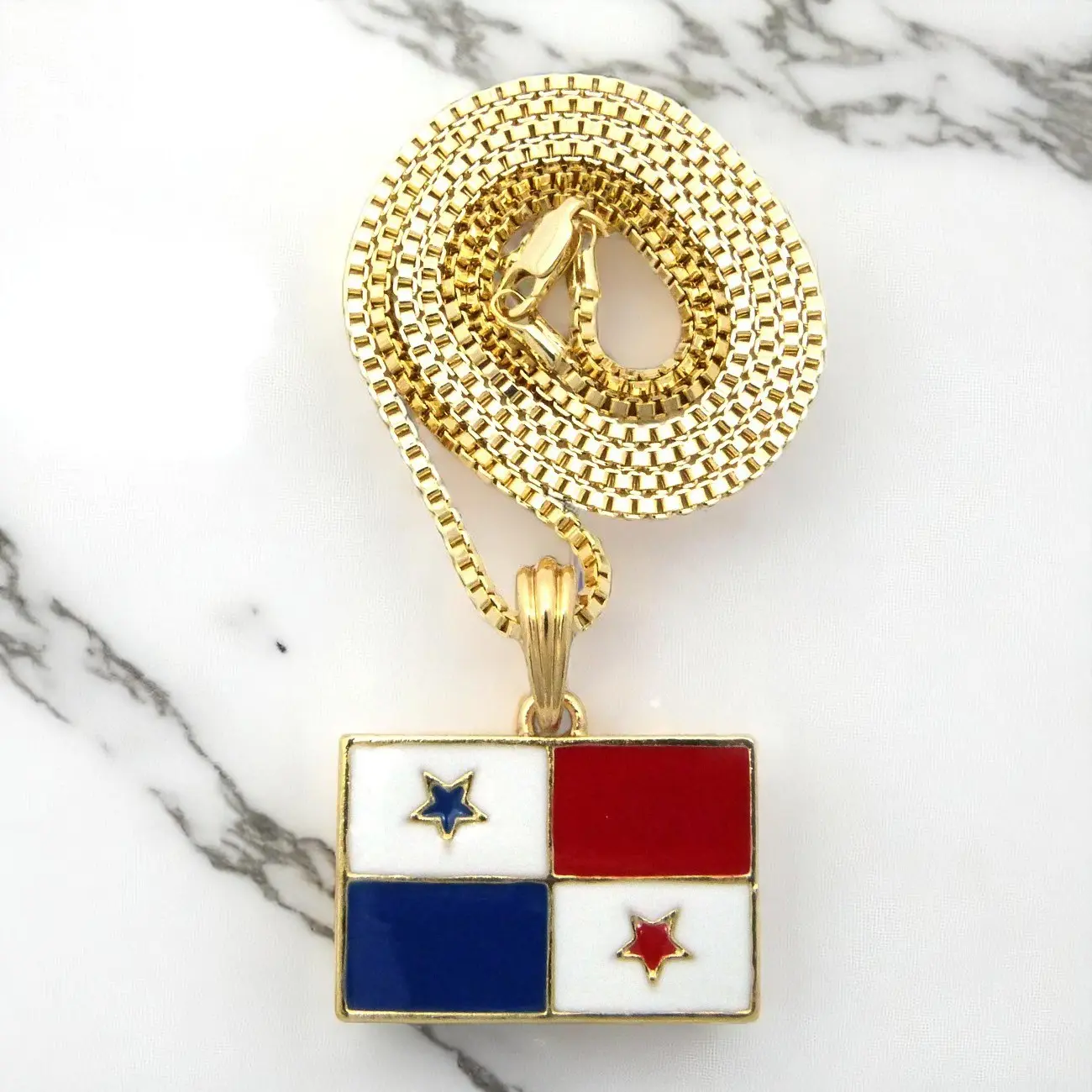 MaxBling81 Gold-Plated Panama Flag Pendant Necklace, Unisex Hip Hop Statement Piece with Durable 2mm Box Chain, Multi-Size 18-30in, Durable Construction, Elegant, Gold Aesthetic, Box Brass Chain, Box Link