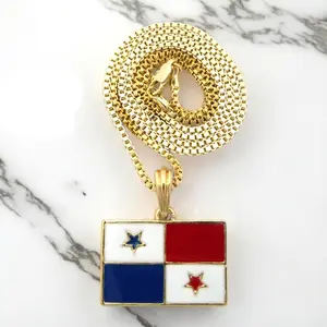 MaxBling81 Brass Panama Flag Gold-Plated Pendant with 2mm Box Link Chain Hip Hop Necklace - 18/20/24/30in Customizable, Unisex Statement Piece, Men's Jewelry, Sparkly Patriotic Accessory