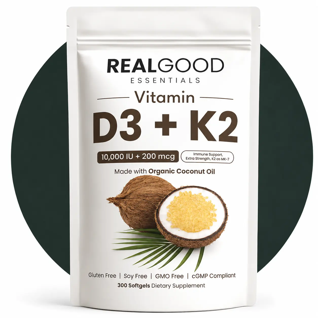 RealGood Essentials Vitamin D3 + K2 MK7 Softgels - Sugar Free, Unflavored Adult Dietary Supplement with Organic Coconut Oil, 10000 IU D3, 200 mcg K2, 300 Count, 24 Months Shelf Life, Supports Bone Health, Immunity, Heart Care