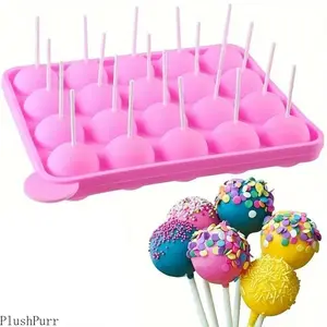 Silicone Lollipop Mold 1-Pack with 20 Round Cavities & 20 Paper Sticks Reusable Baking Tool for Candies Chocolates & Desserts