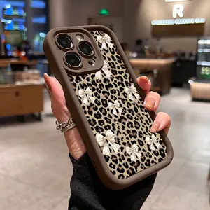 Leopard Print White Bow Pattern Phone Cases for iPhone 17 16 15 Pro Max 14 Plus 13 12 11 Pro Air Shockproof Non Slip Military-Grade Protection Silicone Cover Cellphone Protective