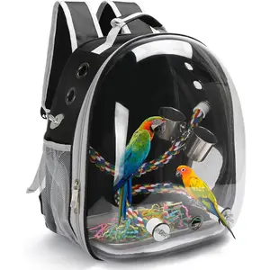Portable Bird Backpack Carrier Travel Clear Bubble Window Cage for Small Medium Parrot Parakeet Budgies Cockatiel with Stainless Steel Tray Food Bowl Standing Perch (Black)