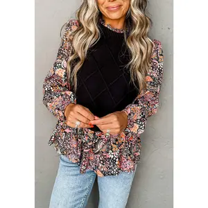 Black Cable Knit Contrast Floral Sleeve Peplum Sweater