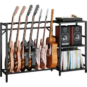 Record Player Stand with Guitar Stand, Record Player Table with Guitar Rack, Guitar Holder 7 Space for Multiple Guitars, Bass, Acoustic, Guitar Display for Home Music Studio, Black