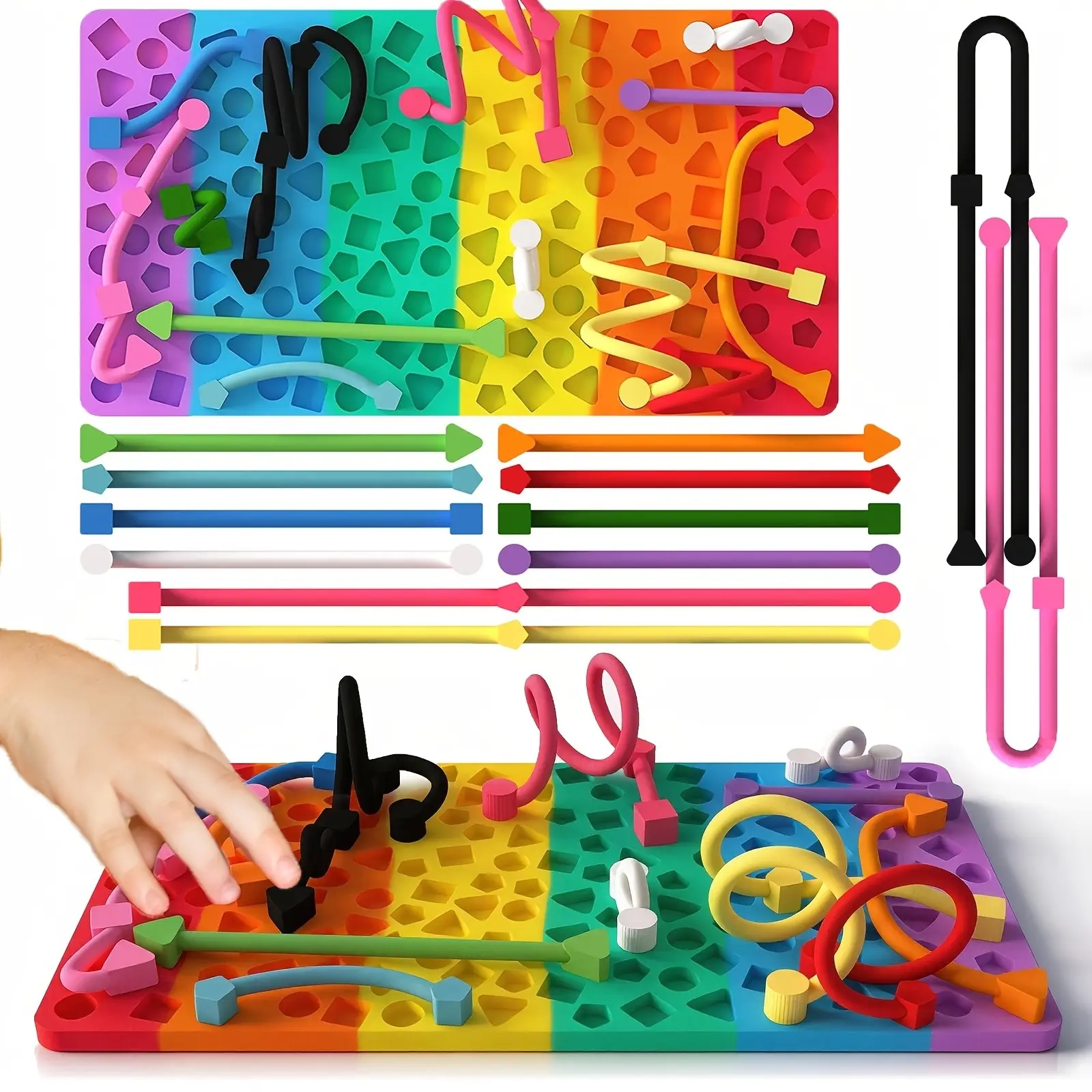 Sensory Activity Board, Stress Relief Anxiety ADHD Fidgets Silicone Quiet Toddler Sensory Toy, ADHD & Autism Sensory Toys for Kids & Adults | Includes Portable Travel Bag & 12 Strings, Fidget Gift Set