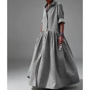 Women's Vintage Plaid Shirt Dress Loose Long-Sleeved Checkered A-Line Maxi Dress
