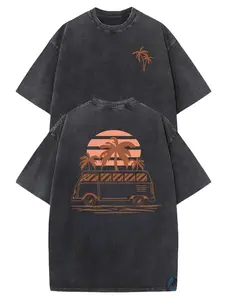 Men's & Women's 230gsm Heavyweight Wax-Printed T-Shirt - Vintage Surf Graphic with Palm Tree & Wave Back Print, Short Sleeve Round Neck Casual Summer Beachwear, Machine Washable Surfing Apparel for Men & Women