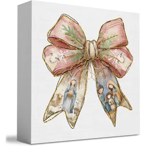 Pink Jesus Christmas Coquette Bow Decor, Pink Christmas Decorations Home Office Decor for Table Shelf 5 x 5 inch