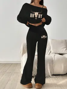 Women's Criss Cross Waist Flare Pants with Asymmetrical Long Sleeve Top, Vintage Graphic Cow Print, Adjustable Straps, Spring & Fall Casual