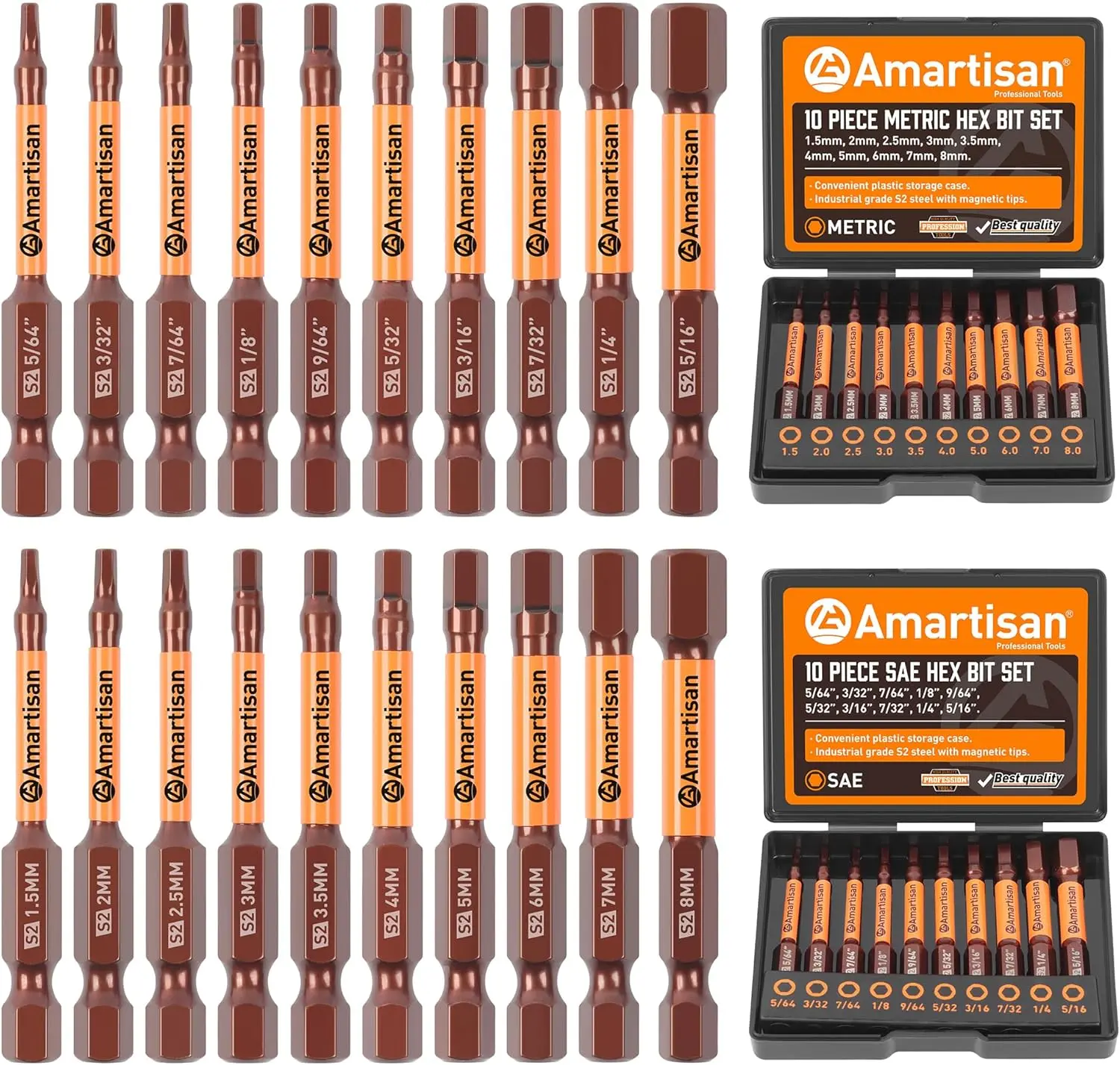 DARALIA 20-Piece Hex Head Allen Wrench Drill Bit Set, Metric and SAE S2 Steel Hex Bits Set, Magnetic Tips, 2.3" Long With Storage box.