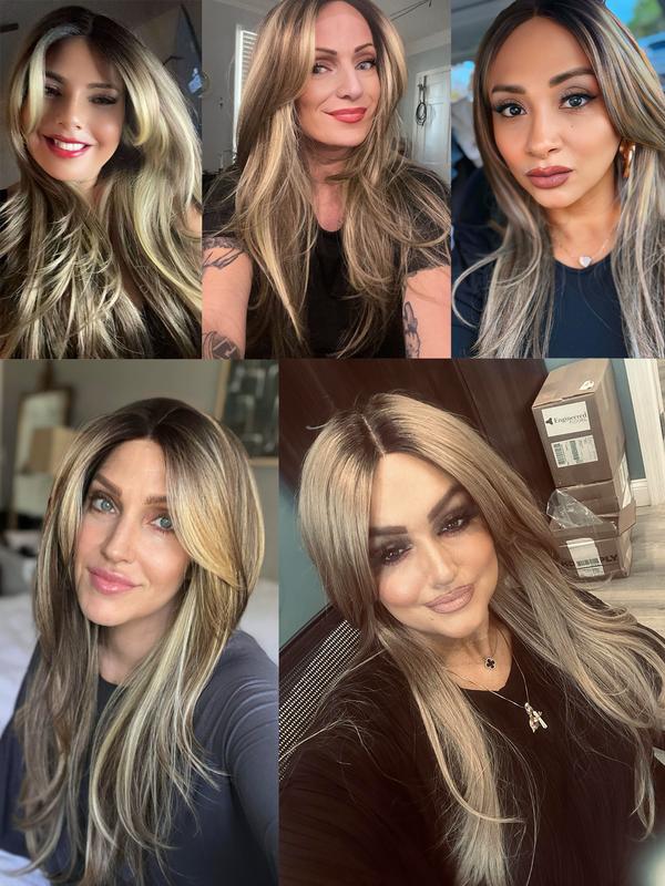 Rebeccahair 26 Inch Synthetic Long Straight Ombre Blonde Wigs for Women, Gorgeous Fluffy Wigs with Curtain Bangs, Synthetic Lace Front Wigs for Party, Daily Use