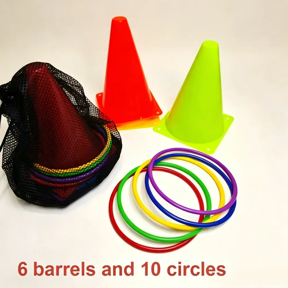 6 Pcs Plastic Traffic Cones + 10 Pcs Ring Toss Game Set, Multicolor Sports Training Cones with Carry Bag, Agility Field Marker Cones for Soccer Football Basketball Practice, Outdoor Indoor Game for Kids Adults, Carnival Garden Lawn Party Game Toy