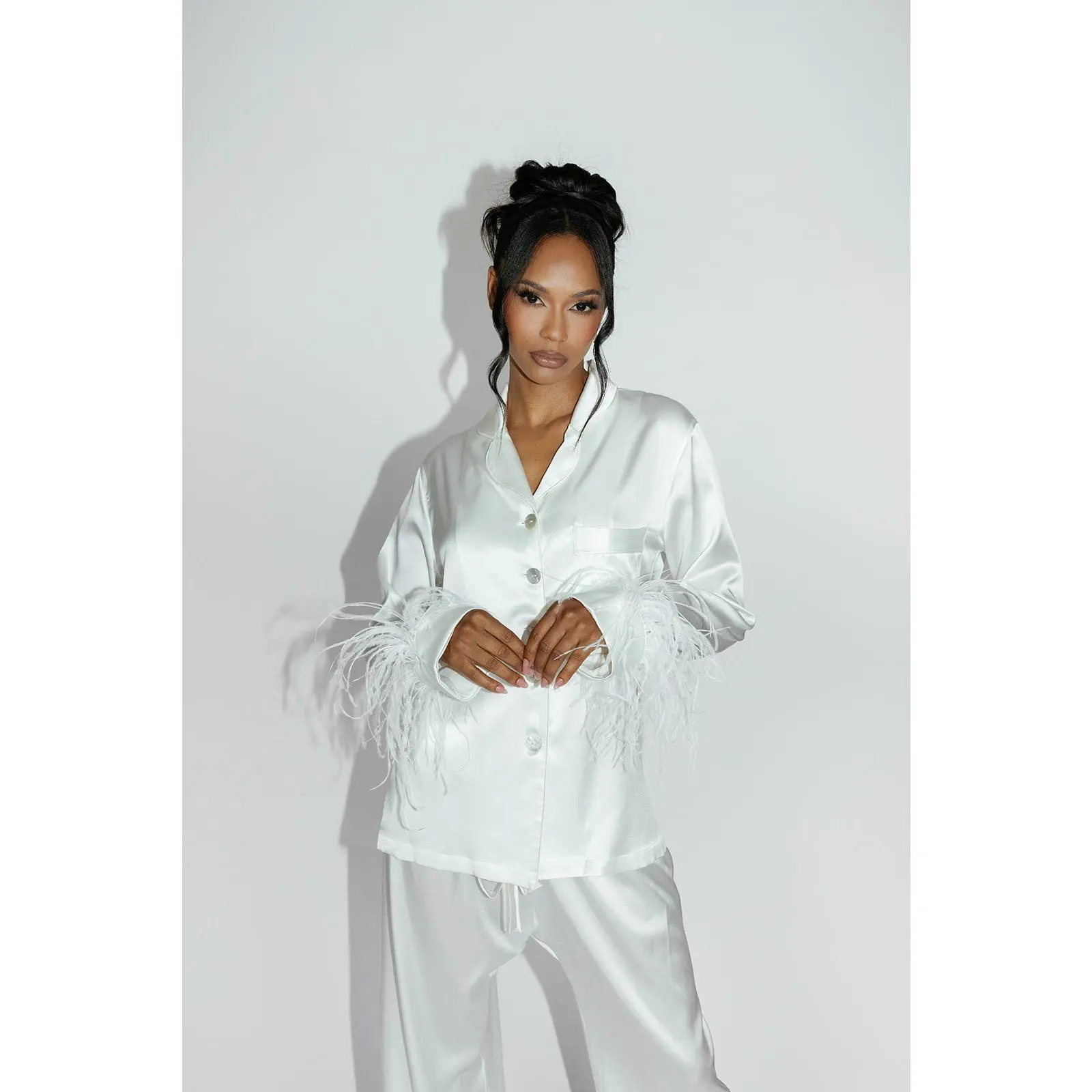 Silk Pajama Shirt and Pants Set Loungewear Nightwear for Women with Mother-of-Pearl Buttons & Feather Accents Soft Luxurious Homewear