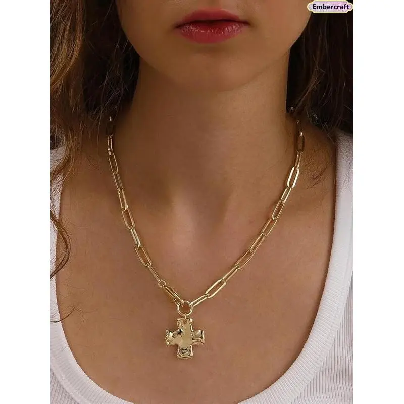 Women's Chunky Cross Necklace - Gold-Silver Layered Cross Pendant with Paperclip, Herringbone, Snake Chains, Vintage Statement Non-Tarnish 1-Size-Fits-All Jewelry Set, Gift-Ready Metal Finish Fashion Choker, One-Size-Fits-All