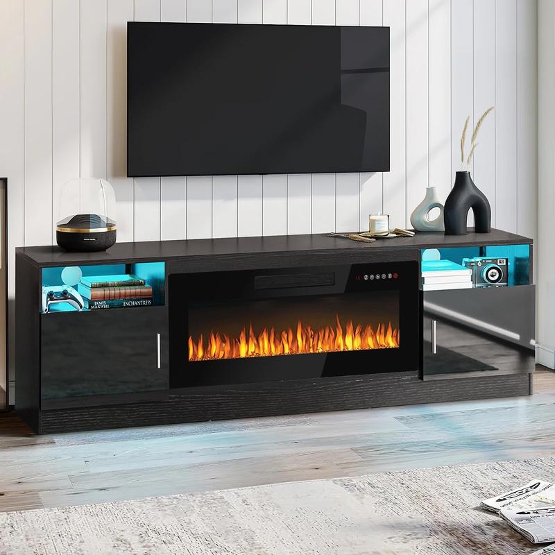 TV Stand Electric Fireplace TV Stand with Glass Shelves, 3D Fireplace TV Stand with LED Lights Wood with USB Charging Outlet Modern Television Table Center for TV up to 32-62" (White)