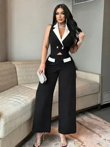 2026 Summer Women Black White Colorblock Sleeveless Blazer Collar 2 Piece Outfit, Crop Waistcoat High Waist Wide Leg Pants Set, Elegant Casual Office Commute Matching Outfit