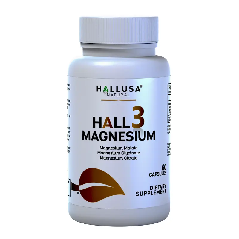 HALLUSA NATURAL HALL3 MAGNESIUM x 60 Capsules Triple Blend Malate Glycinate Citrate for Muscle Nerve Function Dietary Supplement - Healthcare