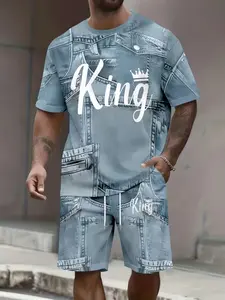 Men's Casual Short Sleeve Top & Track Shorts Set, Fitted Denim Style, Daily Wear, No Zipper, Drop Waist, China