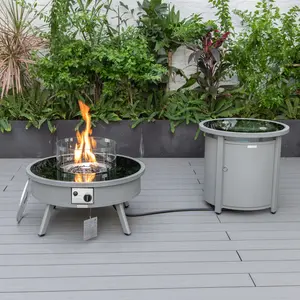 360 Stand Walbrooke Modern Aluminum Round Gas Fire Pit - 20x29x29 in Grey Outdoor Patio Fire Pit with Multi-Spark Electronic Ignition, Tank Holder, Tabletop Compatibility, Tabletop Fire Pit