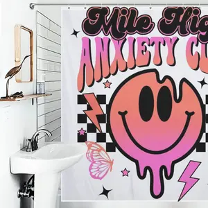 Mile High Anxiety Club Drippy Smiley Face Shower Curtain, Y2K Pink Checkered Butterfly Bathroom Decor, Waterproof Polyester Bath Curtain with Hooks, Alt Girl Aesthetic