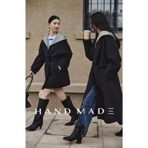 Mid length Detachable hooded  with color block in Double-Face Wool-Cashmere coat