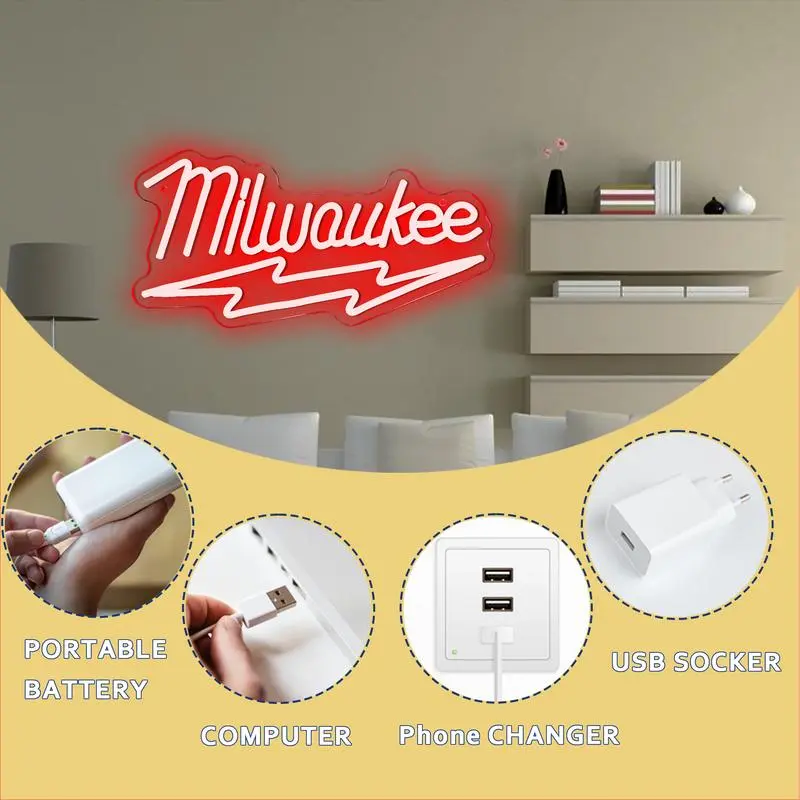 Milwaukee Tools LED Neon Sign, Wall Decor Art Atmosphere Light