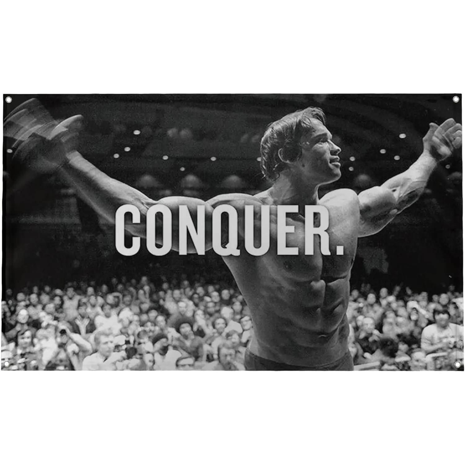 Banger - Original Arnold Schwarzenegger Conquer Motivational Inspirational Office Gym Dorm Wall Decor Design on a Flag with 4 Grommets for Easy Hanging. Authentic BANGER FLAG summerwins