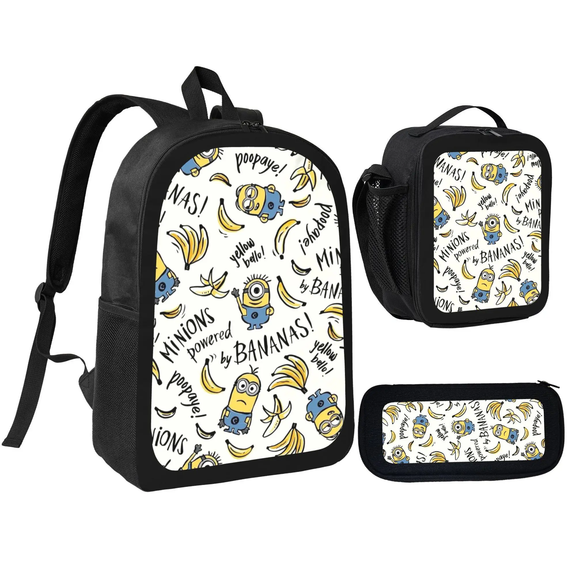 3Pcs Backpack Set Minions Powered By Bananas Pattern With Lunch Bag Pencil Pouch School Bag For Kids Boys Girls Students