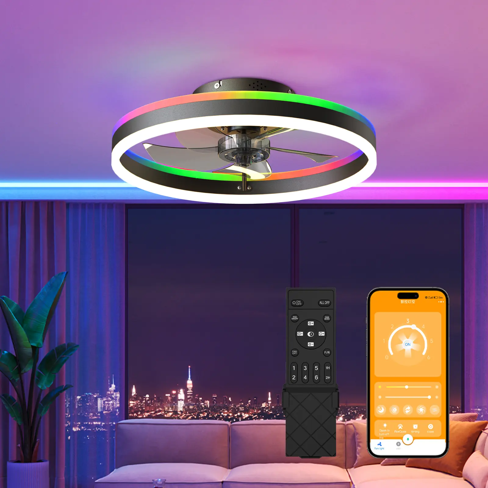 Smart RGB Ceiling Fan with Light 20 Inch Flush Mount LED Remote & APP Control 3-Color Dimmable 6-Speed Reversible Airflow Fan for Bedroom Living Room