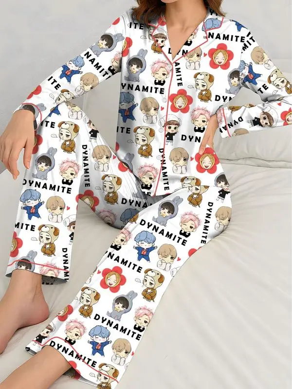 Kpop Fan Nightwear, Button-Up 2-Piece with Chibi Idol Graphic in a Silky Satin Fabric for Breathable Elegance, Pocket, Elastic, Sleepwear, Us Sizes, All Over, Chibi Print, Button Front, Casual, True-To-Size Us Fit, Long, Basic Look, Top, Adjustable, Draws