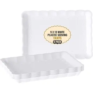 6-Pack 9x13 Inch White Plastic Serving Trays, Heavy-Duty Platters for Party, Event Serving (Home & Festive Party Disposable Tableware)