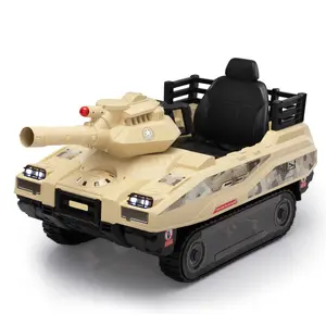 24V Desert Yellow Ride - on Tank. Remote, fighting cannon, rotating turret, lights, music. Ideal for 3 - 8 Yrs Electric