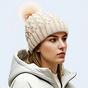 Womens Winter Knitted Beanie Hat with Faux Fur Pom Warm Knit Skull Cap Beanie for Women