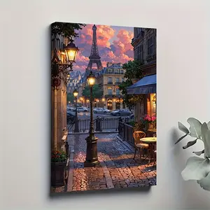 1 piece of Paris dusk alley canvas wall art - romantic Eiffel Tower street scene painting, with solid wood frame, 11.81x 17.72inch traditional European style decoration, suitable for living room, bedroom, office, Paris-themed room decor, 2D flat, perfect
