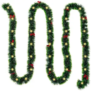 16.4 Ft Christmas Tinsel Garland, 1 Pack Dark Green Tip Metallic Garland with 50 Warm LED Lights, Artificial Xmas Garland for Indoor Outdoor Christmas Tree Decoration, Holiday Party Supplies
