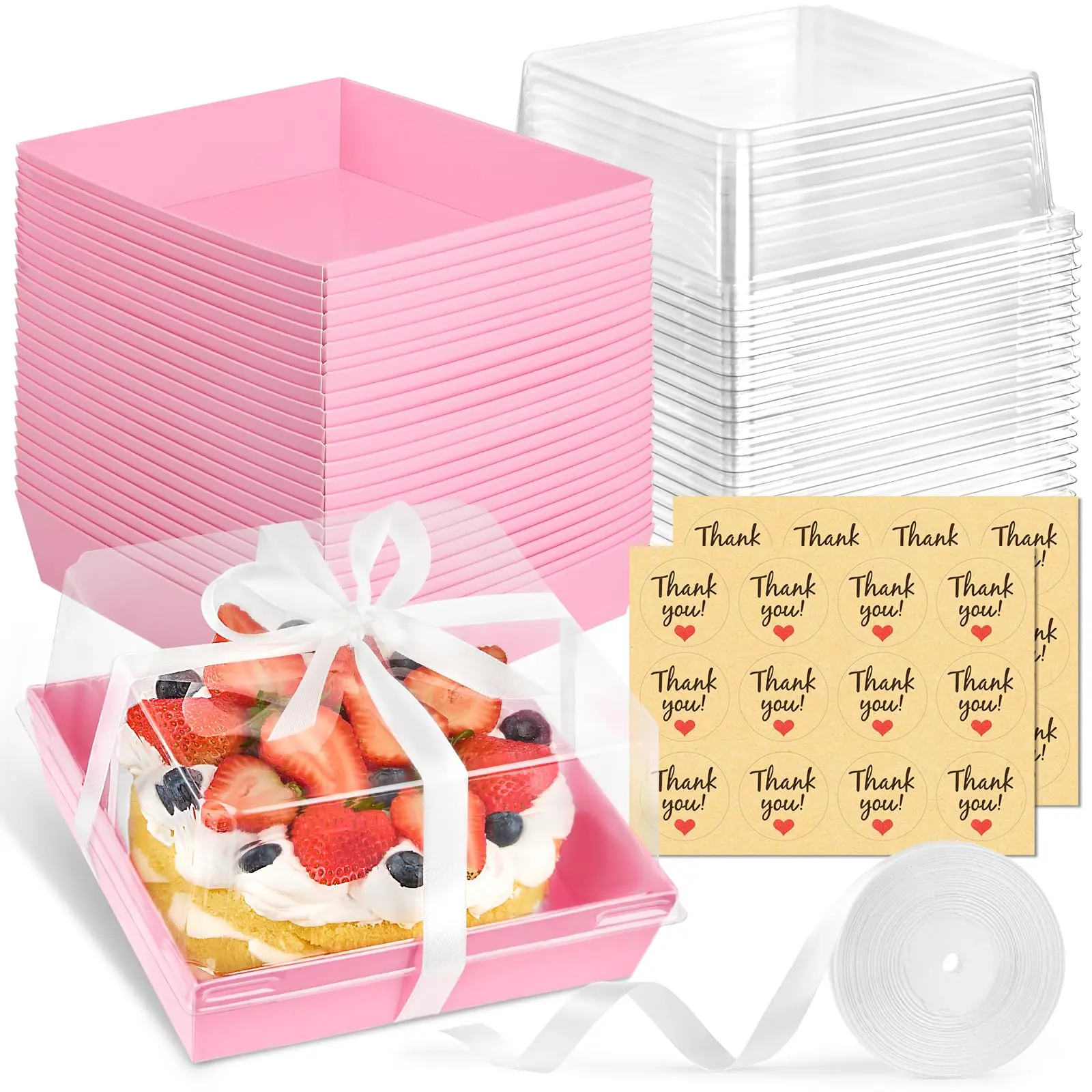 7 x 7 x 4 Inches Pink Paper Cake Boxes with Clear Lids, 20 Pack Square Charcuterie Boxes Disposable To Go Food Containers for 4-6 Inch Cake, Jumbo Cupcakes, Bakeries