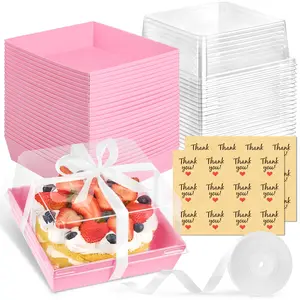7 x 7 x 4 Inches Pink Paper Cake Boxes with Clear Lids, 20 Pack Square Charcuterie Boxes Disposable To Go Food Containers for 4-6 Inch Cake, Jumbo Cupcakes, Bakeries