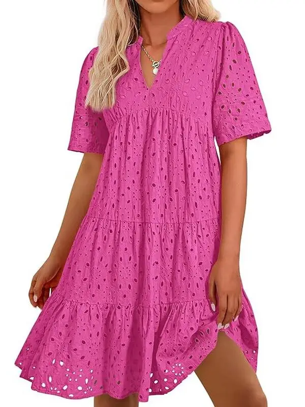 BTFBM Women's Boho Summer Dresses 2025 Resort V Neck Short Sleeve Hollow Out Lace Ruffle Casual Beach Mini Vacation Dress #Outdoorfun