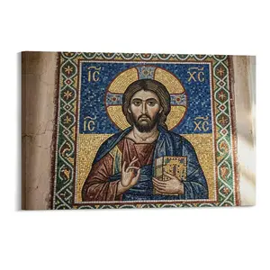 Byzantine - Style Jesus Christ Mosaic Wall Art - Vibrant Blue/Gold Tile Craft, Religious Icon Design for Home/Church Decor, Sacred Christian Art, Mosaic Craftsmanship