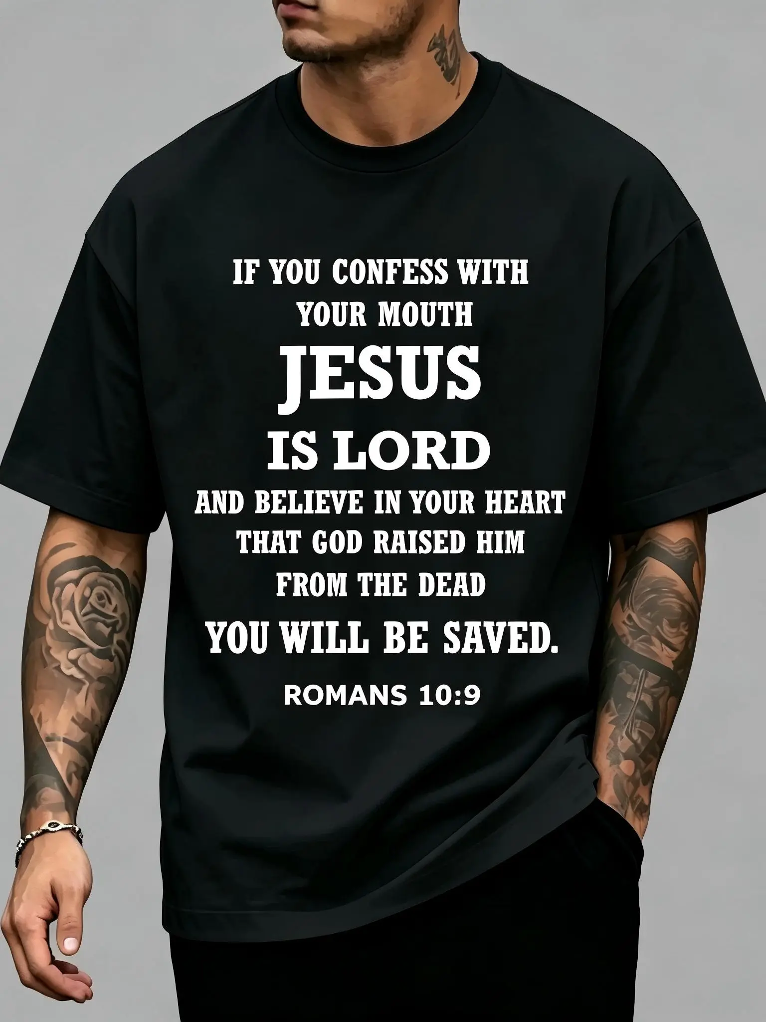 Romans 10:9 "Jesus Is Lord" Bible Verse Christian T-Shirt for Men & Women - Religious Inspirational Scripture Graphic, Soft Breathable Cotton Crew Neck Short Sleeve, All-Season Summer Spring Casual Tee, Great Christian Faith Gift, Machine Washable