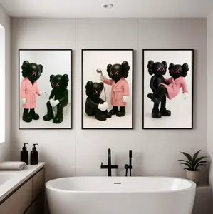 Set of 3 Black Kaws in Shower & Bathroom, DIGITAL DOWNLOAD, Kaws Poster, HypeBeast Prints, Washroom Wall Art, Bathroom Decor