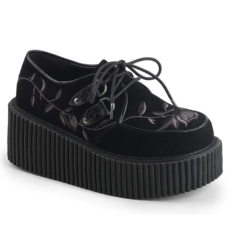 Demonia Creeper-219 Women's Black Velvet Platform Boots, Lace-Up Stylish Casual Women's Shoes, Elegant Footwear Fashion
