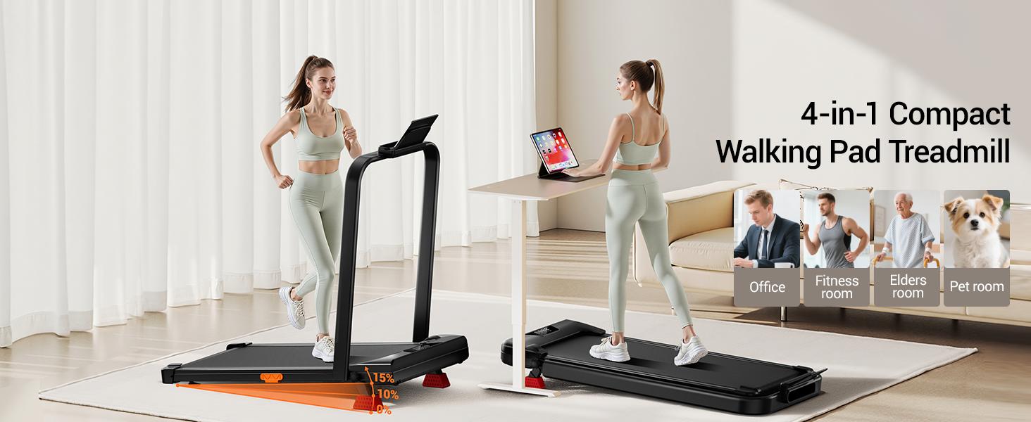 4-in-1 Folding Treadmill with 15% Incline and Handle, 8KM/H Under Desk Walking Pad, 2.5HP Quiet Treadmill for Home Foldable, Portable Running Machine with 300LBS Capacity, Remote Control & LED Display