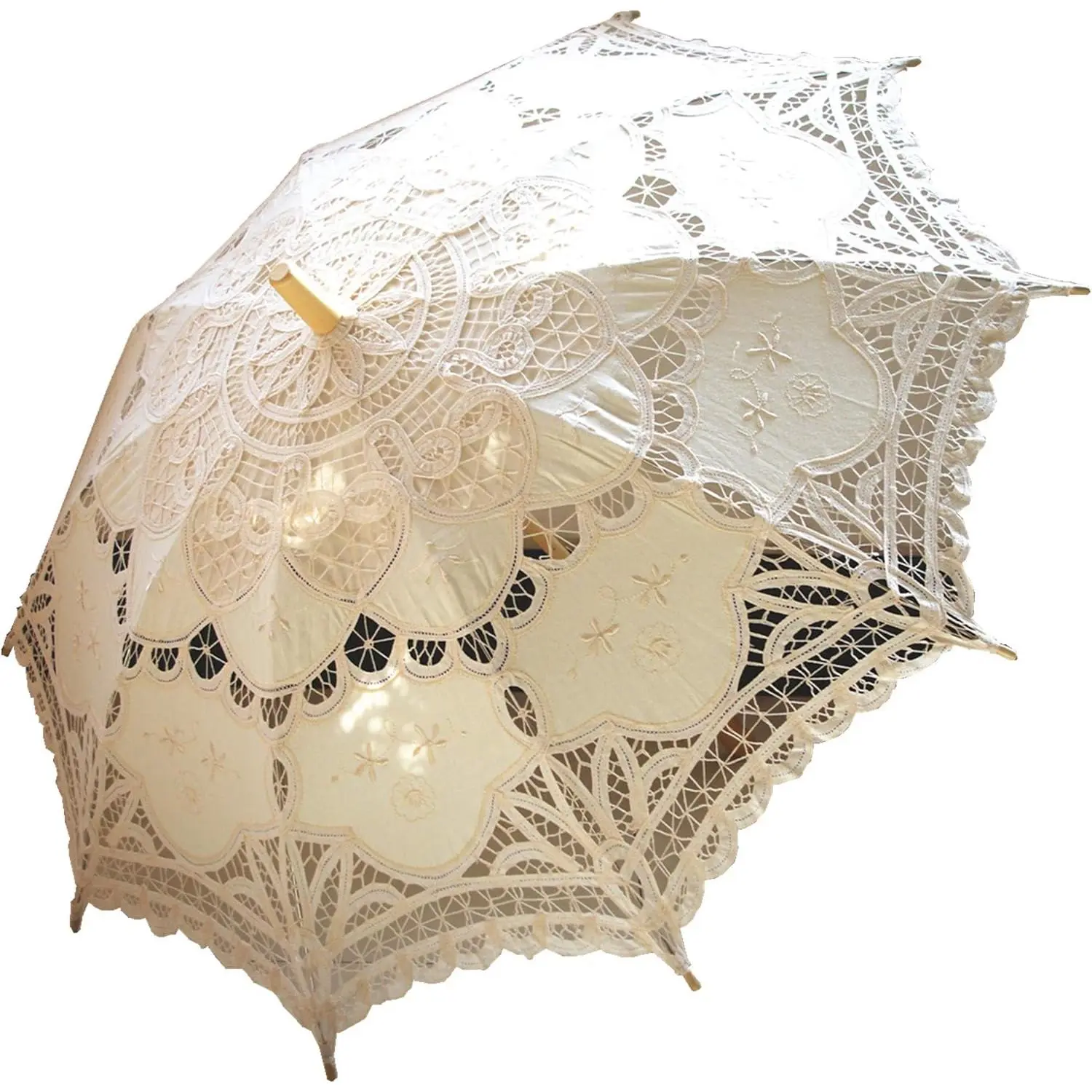 32-Inch Ivory Victorian-Style Handmade Lace Parasol Umbrella, Ideal for Wedding Bridal Party Photo Props