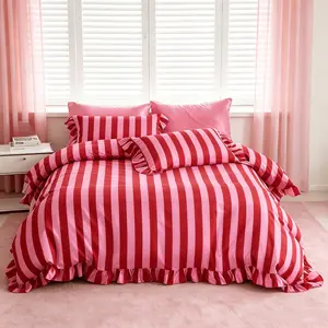 Pink Striped Ruffle Bedding Set, 3-Piece Suite with 1 Duvet Cover and 2 Pillowcases No Insert, Comfortable and Durable, Perfect Gift   Decoration for Girls' Bedroom